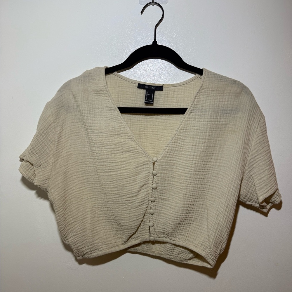 Forever 21 Cream Textured Button-Front Crop Top